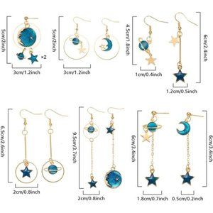 Honbay Asymmetrical Moon Star Earrings - Gold & Blue Enamel Dangle Pendant Earrings